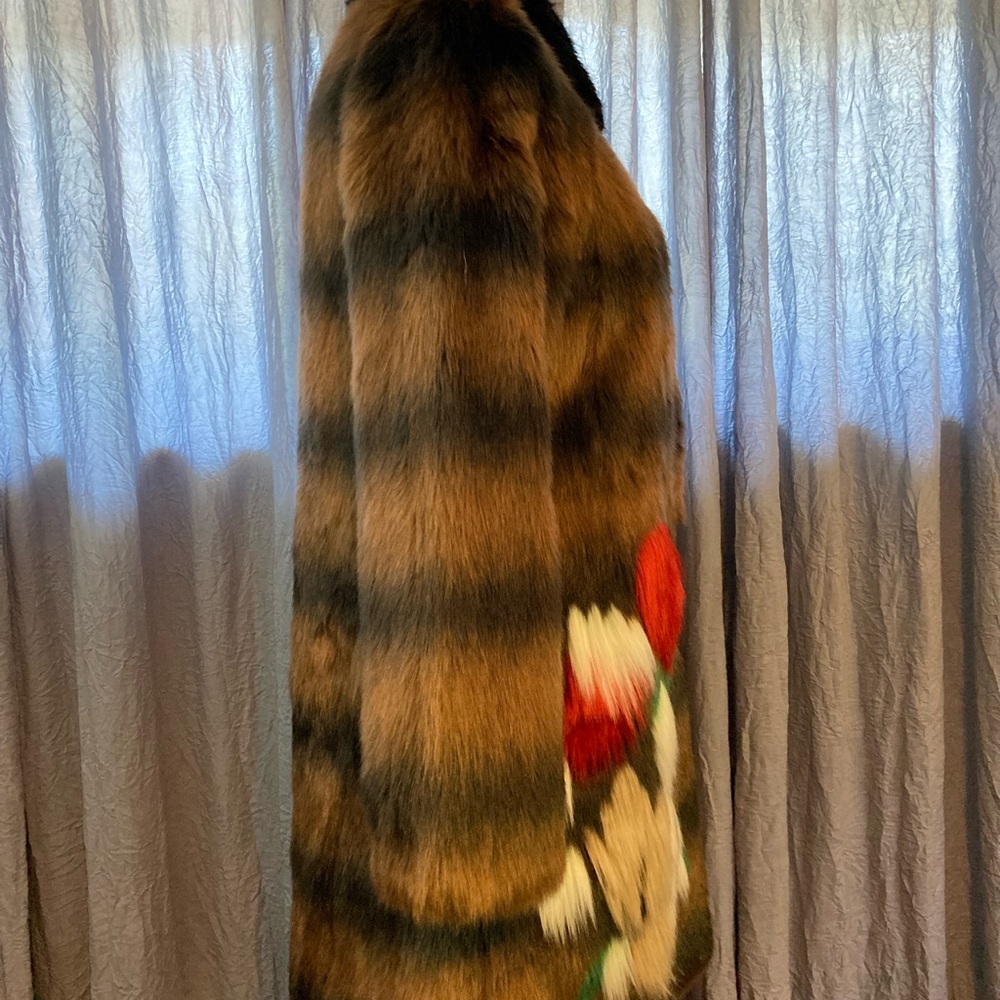 Zara Brown and Black Striped Faux Fur Coat with Red Floral Accents - Picture 2 of 6